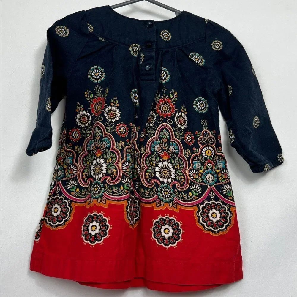 Baby Gap Navy and Red long sleeve cotton floral dress size 12-18 months